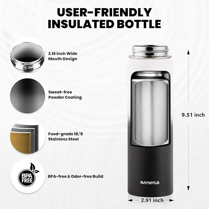 RAYMYLO Insulated Water Bottle 20 oz, Triple Wall Vacuum Stainless Steel (Cold for 24Hrs, Hot for 12Hrs), Leak Proof & Non-BPA, Modern Water Bottle Jug for School with Straw Spout Lids
