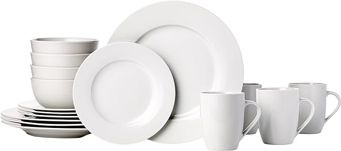 Amazon Basics 16-Piece Porcelain Dinnerware Set, Microwave and Dishwasher Safe, Service for 4, Plates, Bowls and Mugs, White