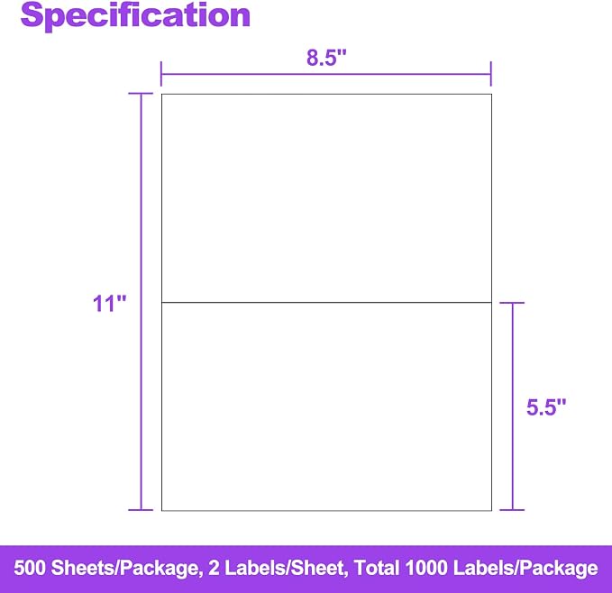 500 Sheets1000 Shipping Labels 8.5" x 5.5" Half Sheet Self Adhesive Mail Labels for Laser & Inkjet Printers, AveneMark 2 per Page Shipping Paper 5 1/2 x 8 1/2 Half Page Labels