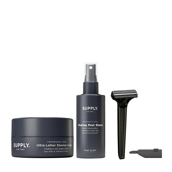 SUPPLY Single Edge SE Shaving Starter Kit for Men – Includes Safety Razor in Matte Black, 8 Black Label Blade Refills and Shaving Cream 3.4 oz & Post Shave Lotion 2 oz in Sandalwood & Cedar