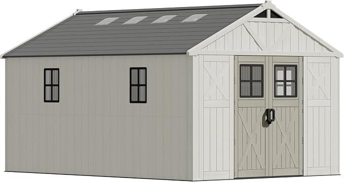 Devoko 10x14 FT Plastic Storage Shed with Floor, Large Resin Tool Outdoor Shed with Lockable Door & Windows, Outside Garden Storage Shed for Patio Backyard Lawn, Beige