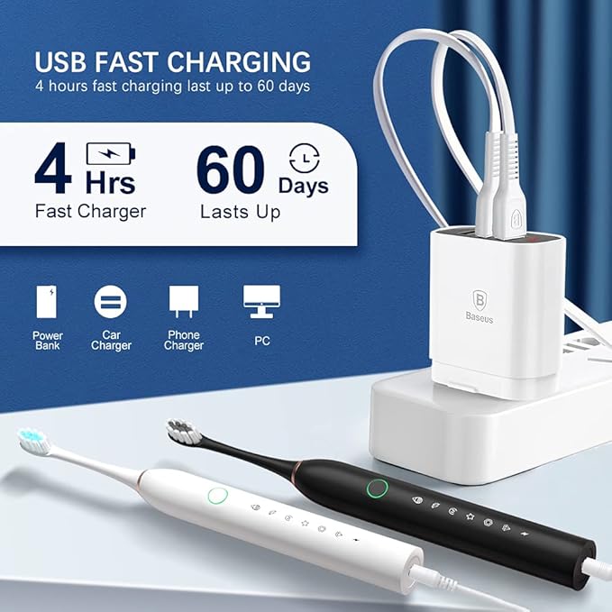 2 Pack Rechargeable Electric Toothbrushes for Adults and Kids, Whitening Tooth Brush with 8 Brush Heads, 6 Cleaning Modes and Smart Timer, Waterproof Cleaning Toothbrushes Set
