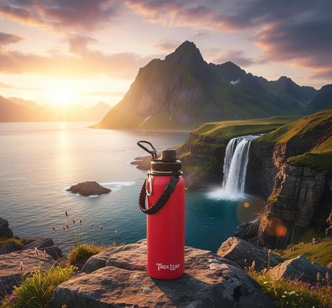 Travel Water Bottle with Carrying Bag, 3 Lids (Spout, Straw, Handle), and Bottle Brush; Leak Proof, Quality, Vacuum Insulated, Stainless Steel (Red, 40 oz)