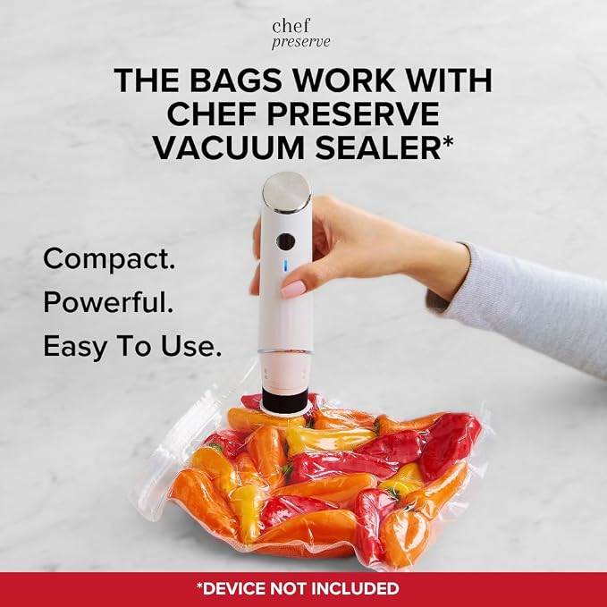 Chef Preserve Reusable Vacuum Sealer Bags for Food - 30 BPA-Free Small (8 x 10 in) Food Storage Bags, Freezer, Microwave - Odor-Resistant, Leak-Proof - Compatible with Chef Preserve Vacuum Sealers