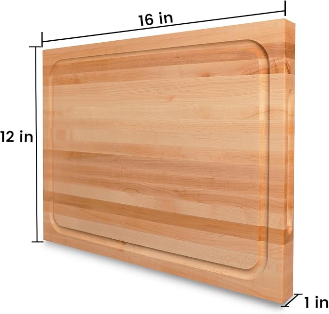 Hard Maple Wood Cutting Board for Kitchen, USA Grown Hardwood, 16 x 12, with Invisible Inner Handle, Prefinished with Food-Grade Oil, Suitable for Kitchen Edge Grain, 1" Thick