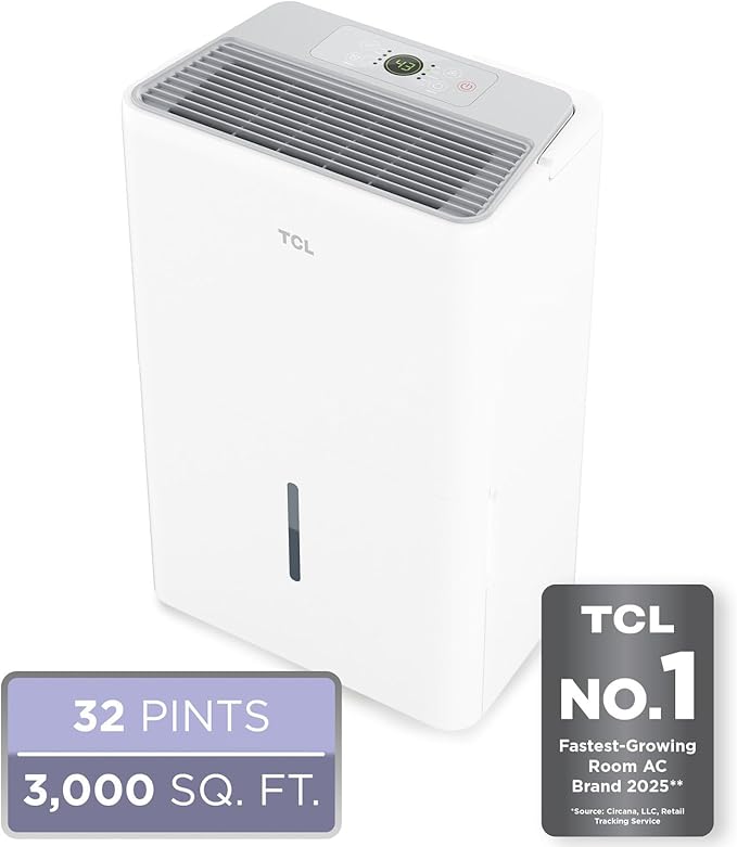TCL 32-Pint Capacity Quiet, Energy Efficient Portable Dehumidifier, Precise Humidity Control, Bucket or Continuous Drain, Compact Humidity Absorber for Home, Attic, Garage & Rooms up to 3000 Sq Ft
