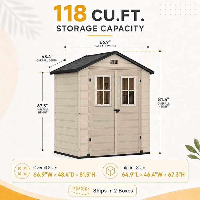 DWVO 6x4.4 FT Outdoor Storage Shed, Plastic Garden Tool Shed with 2 Windows, Double-Wall Resin Storage Shed for Lawn Mower, Garden Shed for Backyard Patio, Lockable, Greige&Gray
