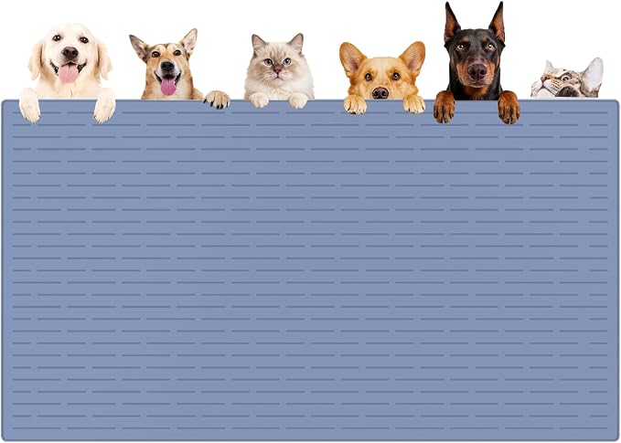XXXXL Largest Pet Food Mat, 51.2"x25.6"(130cmx65cm) Silicone Dog Mats for Food and Water, Nonslip Pet Feeding Mats for Floors,Dog Cat Bowl Mat with Raised Edges, Lake Blue