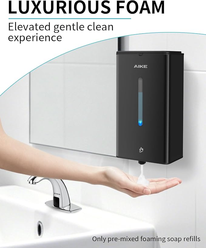 AIKE Automatic Foam Soap Dispenser 33.8oz for Bathroom,Matteblack AK1207FA | Rich Foam and Steel Finish,5-Level Adjustable and Key for Commercial(Battery Not Included),Screw Wall Mount for Space-Saving