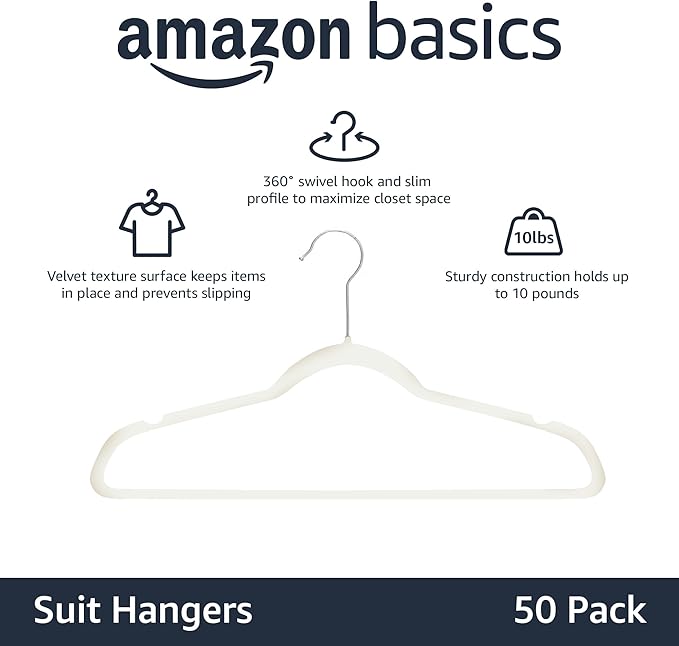 Amazon Basics Slim Velvet Non-Slip Space Saving Suit Clothes Hangers with Shoulder Notches for Closet Organization, Ivory/Silver, 50-Pack
