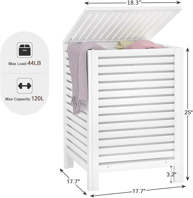 Bamboo Laundry Hamper with Lid, 120L Large Clothes Laundry Sorter with Removable 2-Section Liner Bag, Raised Laundry Basket Organizer for Clothing, Bathroom, Bedroom, Laundry Room, White
