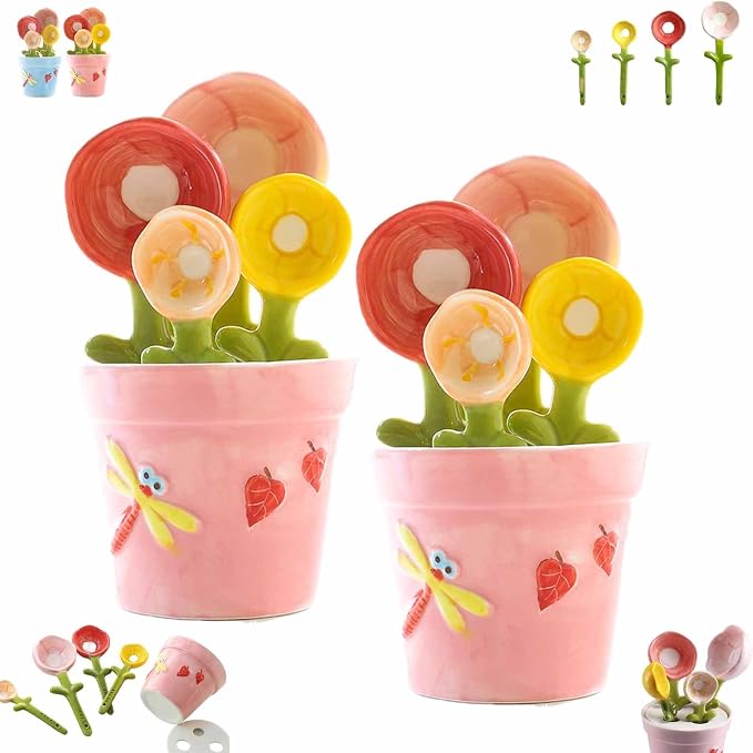 5pcs Ceramic Flower Pot Measuring Spoons and Cup Set, Cute Measuring Cups and Spoons Set for Milk Powder Sugar Salt Wet Dry Ingredients(Pink2set)