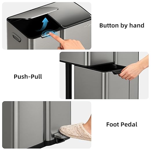 mVm 16 Gal 3 in 1 Kitchen Trash Can, Triple Compartment Garbage Can, Heavy Duty Anti Fingerprint Brushed Recycling Bin for Office Home