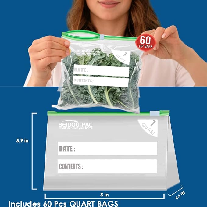 BEIDOU-PAC Slider Quart Food Storage Freezer Bags with Stand-Up Bottom, 300 Count | 2 Mil | 8 IN x 5.9 IN x 2.3 IN, Freshness Easy Open Reclosable Clear Plastic Bags(Slider-quart-300count)