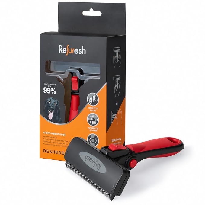Deshedding Dog Brush for Short/Medium Hair (Large,Red) – Gentle Deshedding tool for Dogs & Cats – Reduces shedding, without damaging topcoat. Removes Loose Fur & Dead Undercoat.
