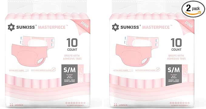 SUNKISS Masterpiece Adult Diapers with Tabs, Unisex Disposable Incontinence Briefs for Women and Men, Odor Control, Pink, Small/Medium, Previously Medium,10 Count (Pack of 2)