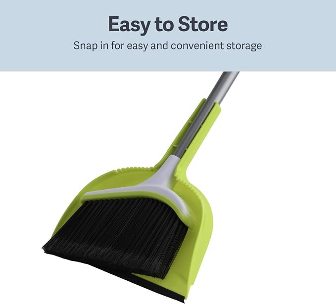 Casabella Basics 2-Piece Angled Broom and Dustpan Set, 44" Angled Broom with Long Handle and Dustpan, Silver/Green