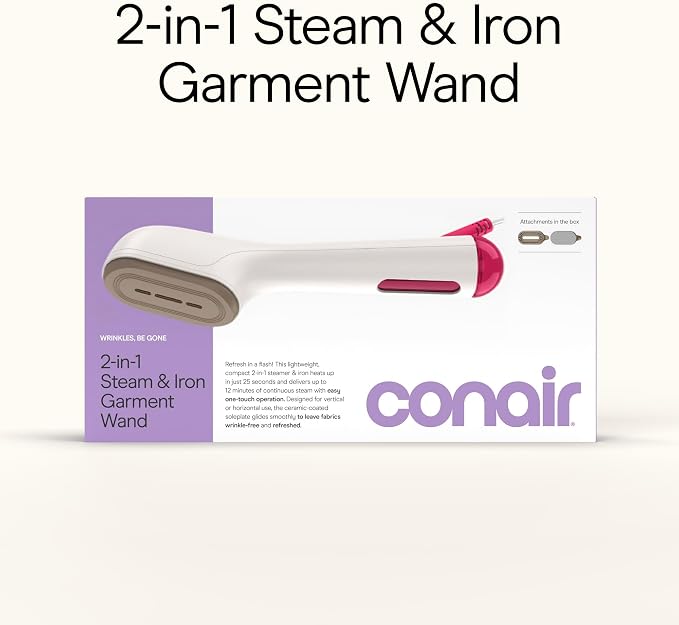 Conair 2-in-1 Steam & Iron Garment Wand, Portable Handheld Fabric Steamer with Ceramic Soleplate, 25-Second Heat-Up, 12-Minute Steam Time, Butter/Berry, GS47BB