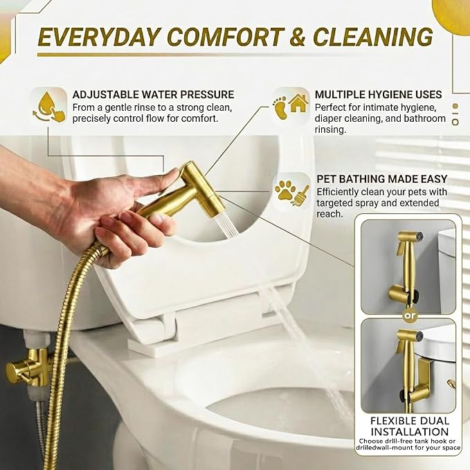 BARROCK Handheld Bidet Sprayer for Toilet, 2 Pack Bidets Faucet for Existing Toilets Cloth Diaper Jet Sprayer, Stainless Steel Muslim Shower Brushed Gold Bidet Attachment Set for Baby/Feminine Wash