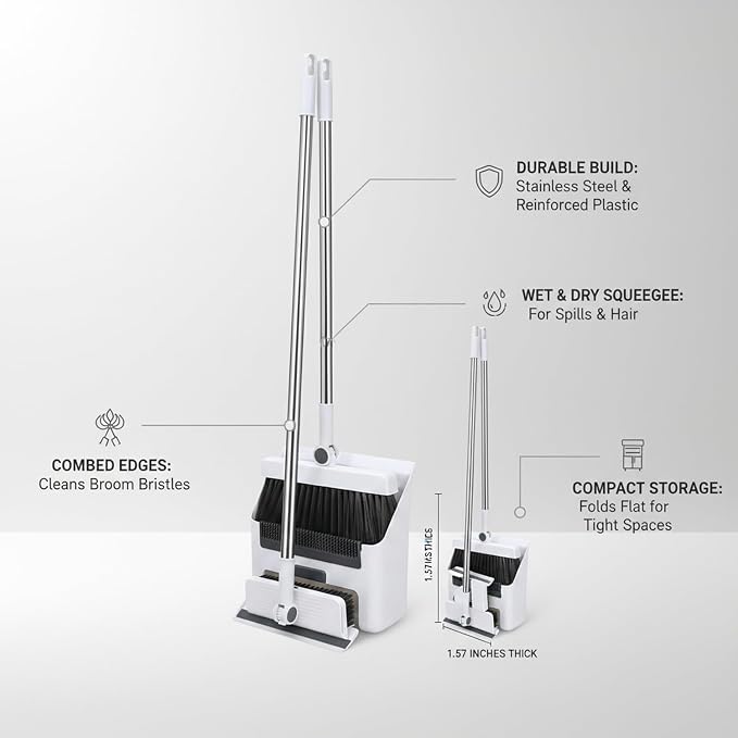Foldable Broom and Dustpan Set with Squeegee, Stainless Steel Handle Cleaning Tool for Debris and Spills, Compact Storage for Bathroom and Kitchen