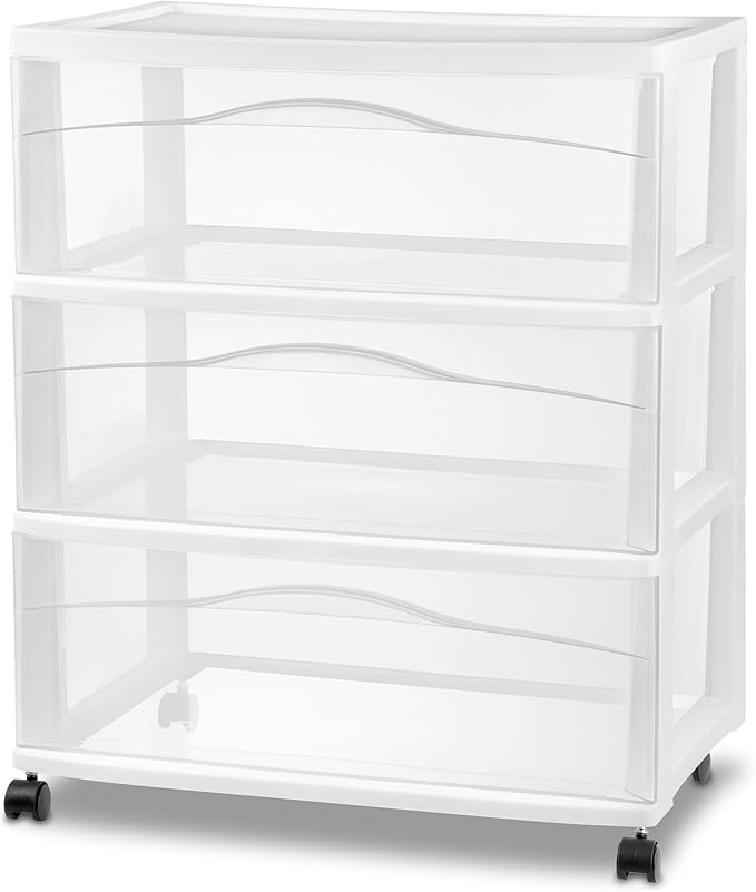Sterilite 2-Pack Wide 3-Drawer Cart, Storage Closet Organizer with Wheels, White - Plastic Drawers and Containers for Bedroom, Cabinet, Clothes, Dresser, and Kitchen Pantry Organization
