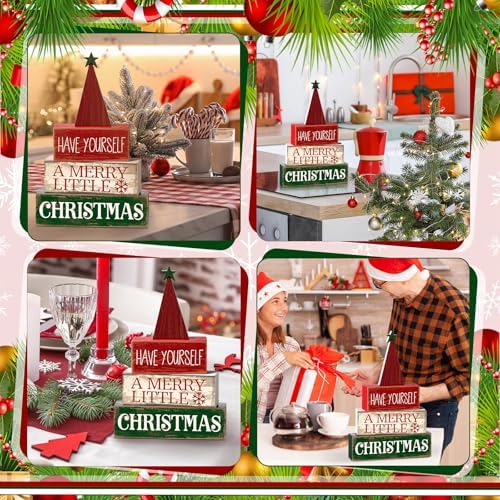 Moucuny 4 Pcs Christmas Table Decor, Wooden Red Merry Christmas Tree Signs