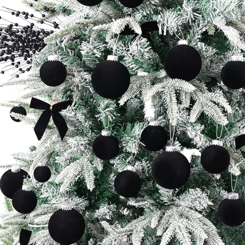 Black Velvet Christmas Ball Ornaments-46pcs Flocked Xmas Tree Decorations