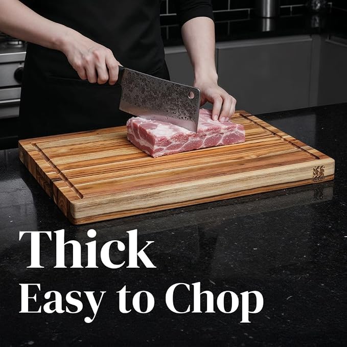 Premium Teak Wood Cutting Board 20×15 Inch, Extra Thick 1.5 Inch Edge Grain Butcher Block for Meat & Carving, Large Wooden Non-toxic Cutting Board with Juice Groove & Handles by New M Way
