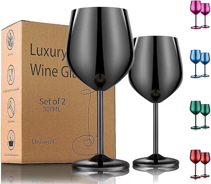 UNISWEET Unbreakable Stainless Steel Wine Glasses Set of 2, Mirror Black | 17oz Unique Fancy Metal Wine Goblets, Shatterproof, Ideal for Outdoor, Camping, Travel, Pool, Great Gift for Wine Lovers