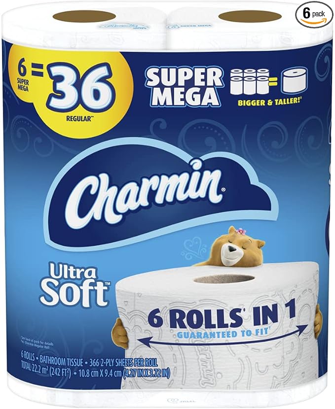 Charmin Ultra Soft Toilet Paper, 6 Super Mega Rolls = 36 Regular Rolls, 6 Count
