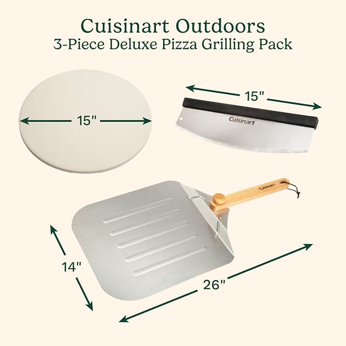 Cuisinart 3 Piece Deluxe Pizza Grilling Pack, 14” Round Pizza Stone for Oven and Grill, Includes Cutter and Foldable Stainless Steel Peel, Complete Set to Build Your Own Pizzas at Home