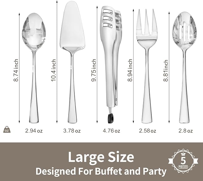 5 Piece 18/10 Serving Utensils Set, Stainless Steel Serving Set | Large Serving Utensils, Serving Spoon, Slotted Spoon, Fork, Tong,Cake Server for Buffet,Parties, Kitchen,Entertaining,Wedding