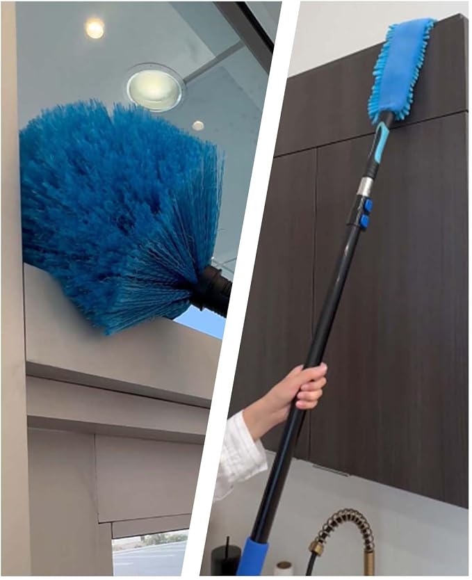 25ft Painted Wall Mop, 18ft Extension Pole, High Ceiling Cleaning Tool | Heavy Duty, 3-in-1 Cleaning Kit, 4 Microfiber Chenille Pad, Cobweb Duster, Fan, Baseboard, Window Squeegee Kit
