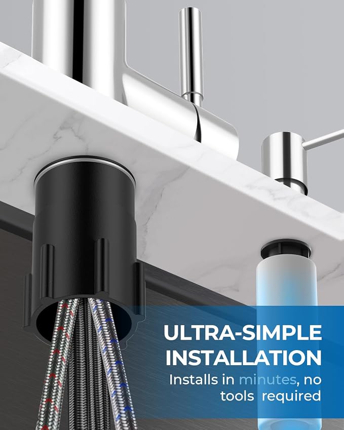 WEWE Kitchen Faucet with Pull Down Sprayer and Soap Dispenser, Polished Chrome High Arc Single Handle Stainless Steel Sink Faucet, Suitable for Farmhouse, RV & Laundry