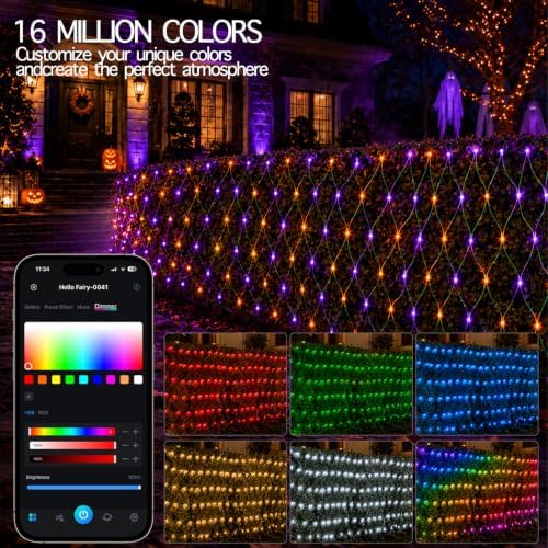 Outdoor Smart Net Lights 2.8 * 11ft, DIY Functions with Preset Holiday Modes for Bush Patio Decor, APP Control, Timer Color Changing, Christmas Mesh Lights, Green Wire