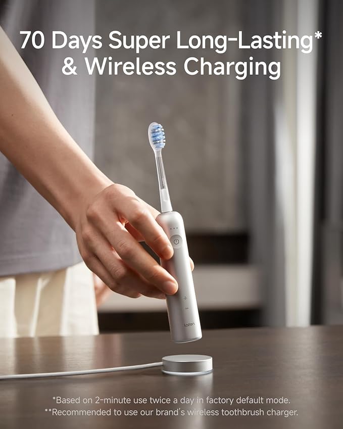 Laifen Wave Pro Sonic Toothbrush, 60° Oscillation & Pressure Sensor, Silver | Aluminum Material, APP Connectivity, 2 Replacement Brush Heads, 70-Day Battery, Travel Friendly, Wireless Charging, Easy Grip