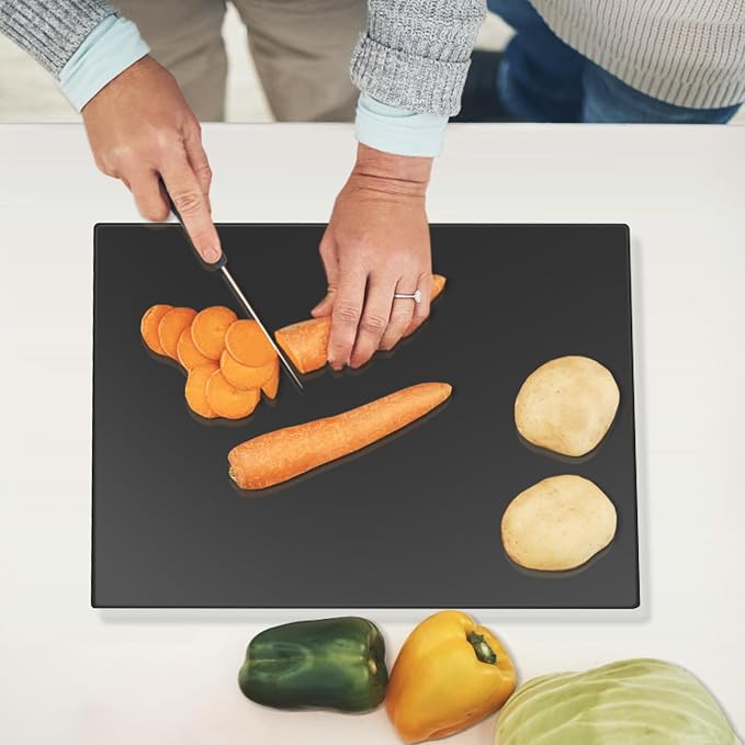 Mymonfif Tempered Glass Cutting Board for Kitchen, Black Glass Board for Countertop, Heat Resistant, with Non-Slip Feet, 12x16" 1Pcs