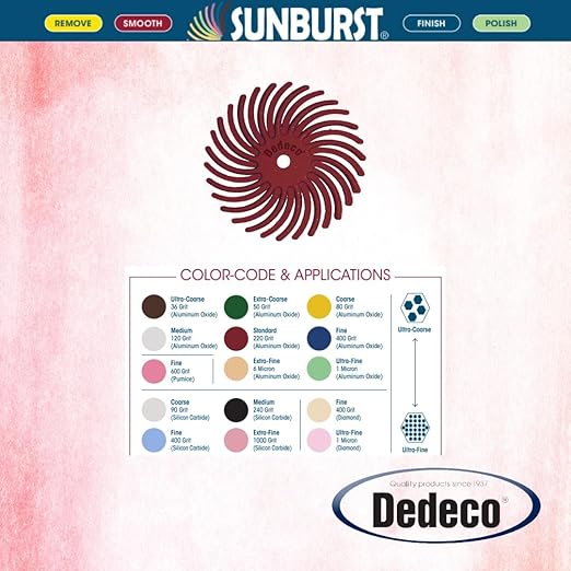 Dedeco Sunburst Radial Bristle Discs 48-Pack - 9/16" Curved - Red 220 Grit (Standard) - Aluminum Oxide for Polishing & Finishing