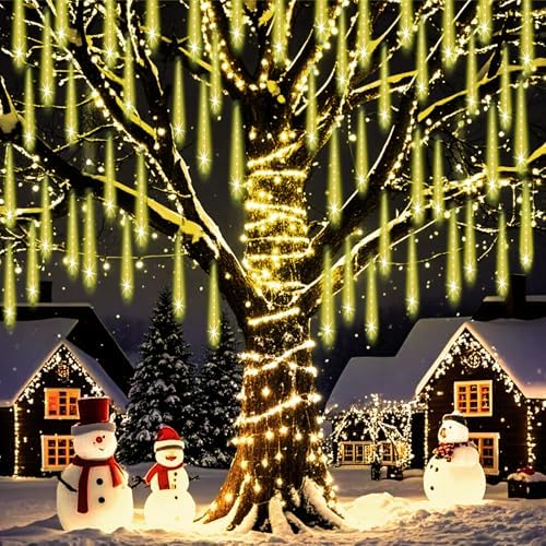 Weepong Christmas Lights Outdoor Falling Rain Meteor Shower Lights 12 inch 16 Tube 384 LED Snowfall Icicle Cascading String Light for Xmas Tree Christmas Decorations Holiday Garden, UL Plug,Warm White