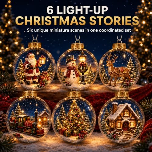 Glowing Christmas Story Ornaments, 6 Pack Light-Up Mini Scenes for Tree