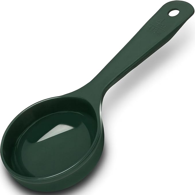 Carlisle FoodService Products 8.25" 4 Ounce Solid Measuring Spoon – Portion Control – Flat Bottom spoon – Short Handle, Dishwasher Compatible, Forest Green, (Pack of 12)