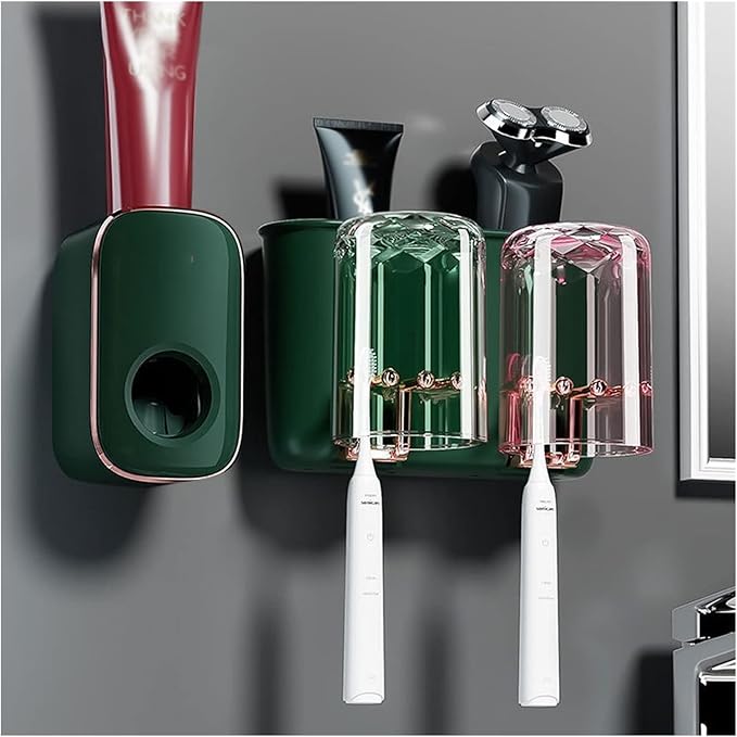 Toothbrush Rack Wall Mounted Toothbrush Holder Multifunctional Bathroom Storage Rack with Mouthwash Cup, Toothpaste Squeezer Kit Bathroom Toothbrush Holder(D)