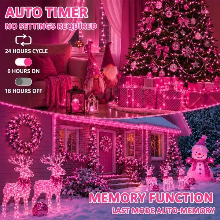 2 Pack 200 LED Battery Operated String Lights, Twinkle Fairy Lights Pink