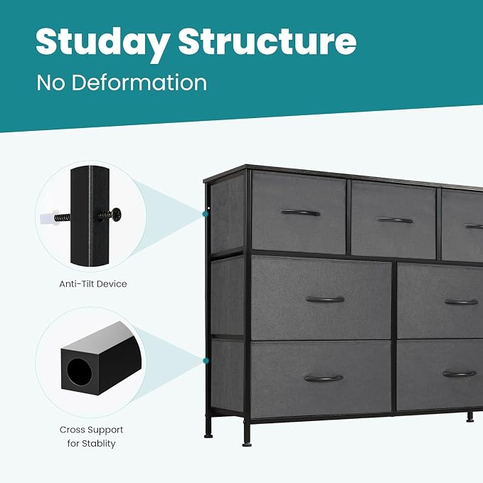 OLIXIS 7 Drawers Dresser for Bedroom, Fabric Storage Tower for Living Room, Entryway - Sturdy Steel Frame, Wooden Top & Easy Pull Fabric Bins, Closet Chests Organizer for Clothes, Classic Grey