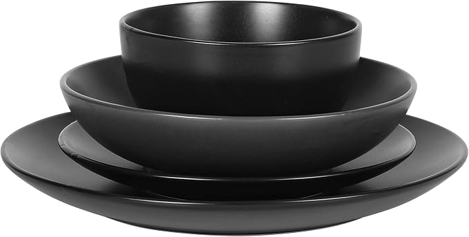 Gibson Home Queenslane 16-Piece Matte Black Stoneware Dinnerware Set – Double Bowl Plates and Bowls, Durable Kitchen Dinner Set