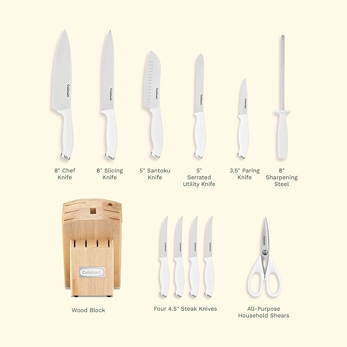Cuisinart Block Knife Set, 12pc Cutlery Knife Set with Steel Blades for Precise Cutting, Lightweight, Stainless Steel, Durable & Dishwasher Safe, C77SSW-12P