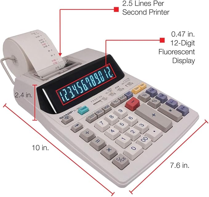 Sharp EL-1801V Ink Printing Calculator, 12-Digit LCD, AC Powered, Off-White, Ideal for Business & Office Use, Easy-to-Read Display & Durable Design