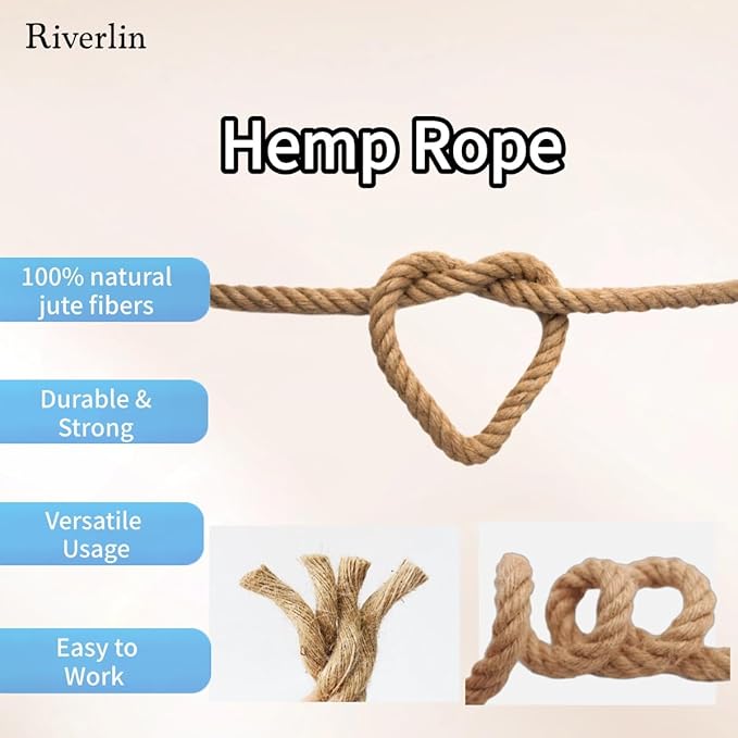 Jute Rope (1/2inchX 50ft) Twisted Hemp Rope for Crafts， Landscaping, Home Décor, and Gardening, Strong and Durable,Suitable for Indoor and Outdoor use