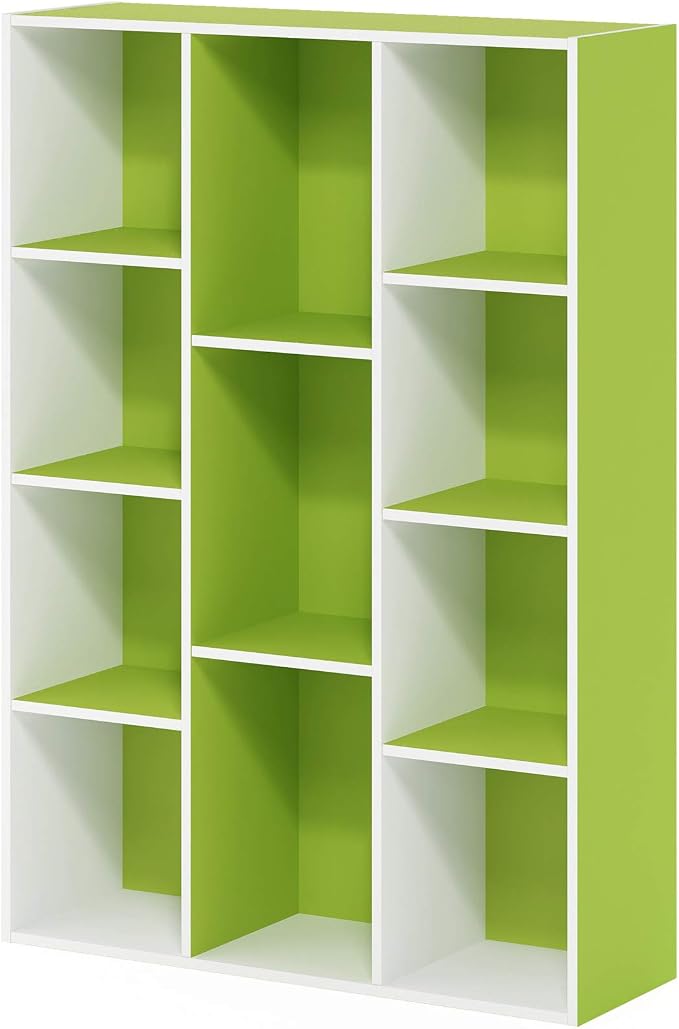 Furinno LUDER Book Shelf, 11-Cube Bookshelf, Reversible Bookcase, 9.4 x 29.1 x 41.7, Easy Assembly, for Living Room, Bedroom, Home Office, White/Green