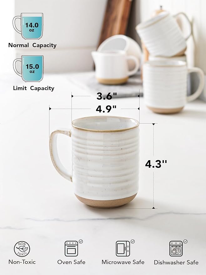 LE TAUCI Coffee Mugs 15 oz, Ceramic Coffee Cups for Latte, Hot Tea, Cappuccino, Mocha, Cocoa, Housewarming Wedding Present Mug Set - Set of 4, Arctic White